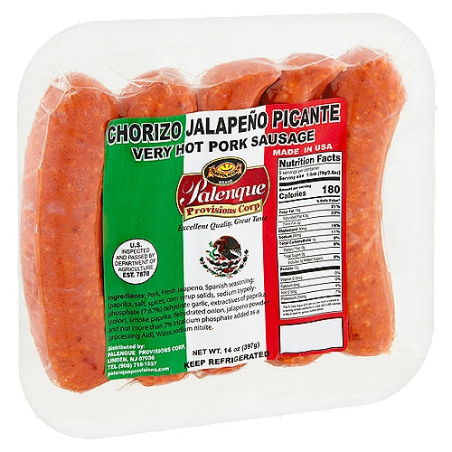 Palenque Provisions Corp Chorizo Jalapeño Picante Very Hot Pork Sausage 5 count 14 oz