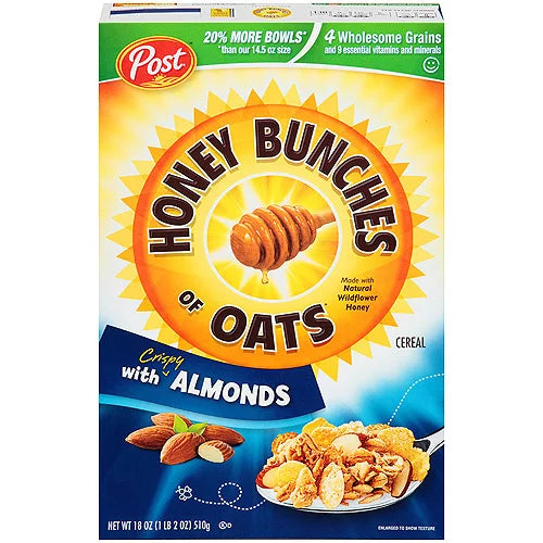 Post Honey Bunches of Oats with Almonds Desayuno Cereal Cereal de tamaño familiar Caja de 18 oz