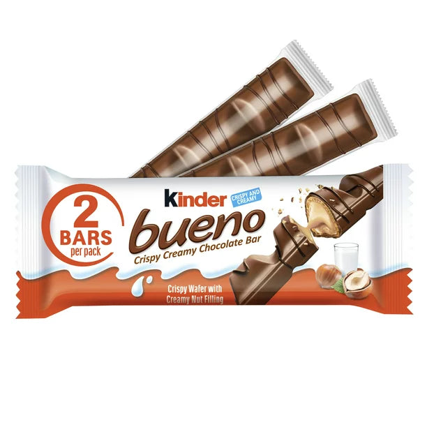 Kinder Bueno Chocolate con leche y crema de avellana 2 barras de chocolate envueltas individualmente 1.5 oz