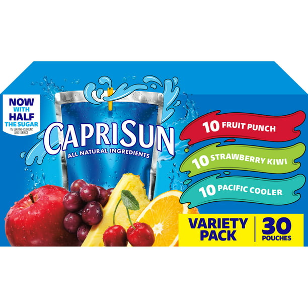Paquete variado Capri Sun con ponche de frutas, fresa, kiwi y Pacífico, caja de 30 ct, 6 fl oz