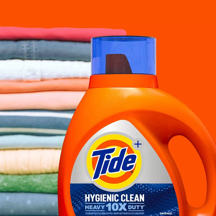 Tide Hygienic Clean Heavy 10x Duty Detergente líquido para ropa con aroma original 69 fl oz. 44 cargas HE compatibles