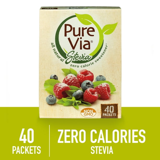 PURE VIA Stevia Sweetener Packets Sugar Substitute Natural Sweetener Zero Calorie Natural Sweetener 40 Ct
