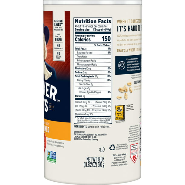Quaker Oats Old Fashioned 100% Whole Grain Oats 18 oz
