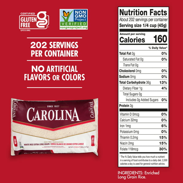 Carolina Enriched White Rice Extra Long Grain Rice 20 lb Bag