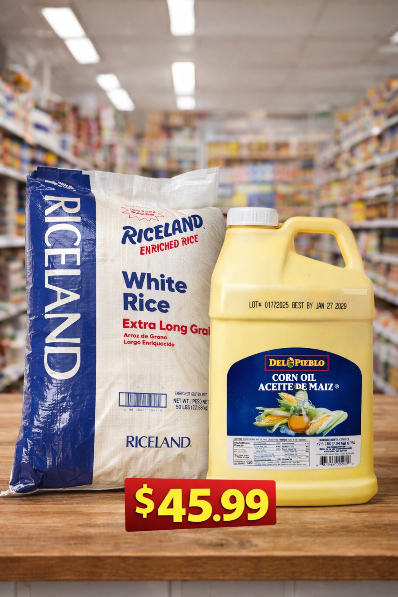 Combo 1: Arroz Riceland 50 lbs y Aceite de Maíz del pueblo 2.5 galones