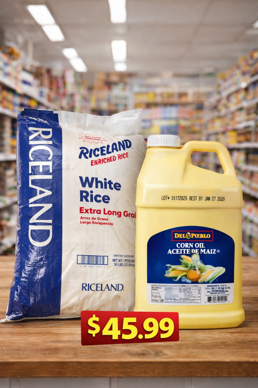 Combo 1: Arroz Riceland 50 lbs y Aceite de Maíz del pueblo 2.5 galones