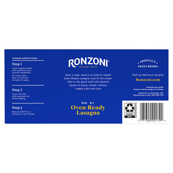 Ronzoni Oven Ready Lasagna No. 81 Pasta 8 oz